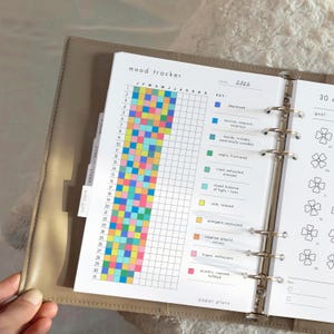 Op de afbeelding: Open planner met een mood tracker pagina. De pagina heeft een raster met kleurrijke vierkanten die stemmingen vertegenwoordigen, een sleutel en het jaar 2026. De planner zit in een beige leren map.