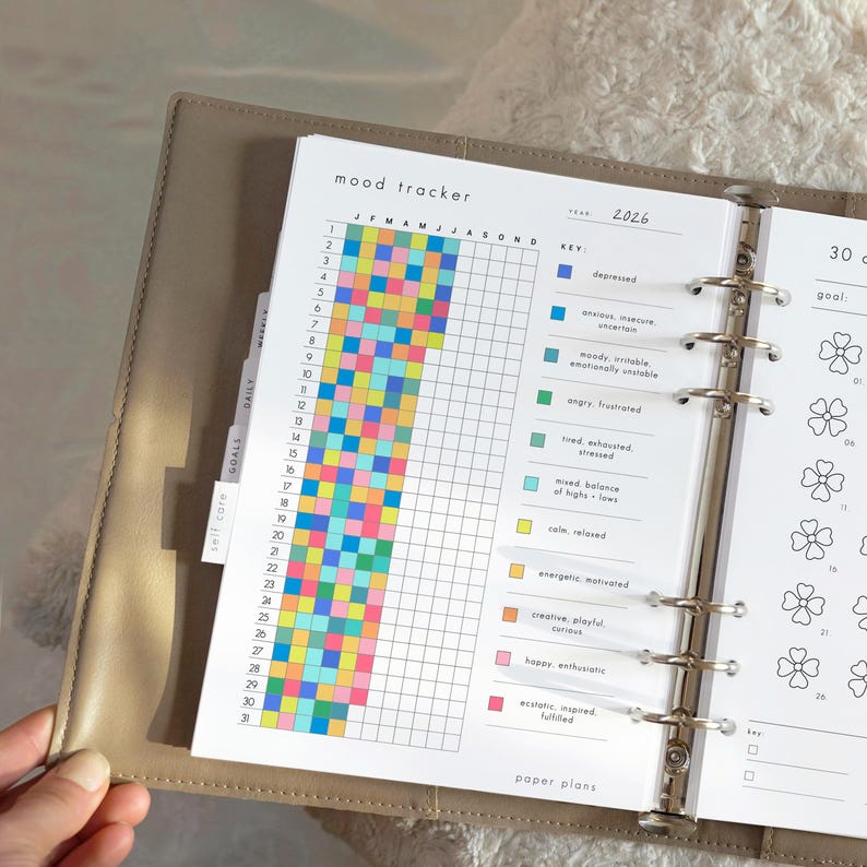 May include: Open planner with a mood tracker page. The page has a grid with colorful squares representing moods, a key, and the year 2026. The planner is in a beige leather binder.