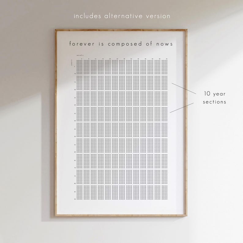 Pu&ograve; includere: Una stampa incorniciata con la scritta "forever is composed of nows" in alto. La stampa presenta una griglia di piccoli punti, che rappresenta una sezione di 10 anni. La cornice &egrave; di colore marrone chiaro. La scritta "includes alternative version" &egrave; in alto.