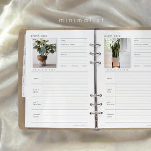 May include: Open planner with plant care pages. The pages feature photos of plants, with sections for details, water, light/temp, soil/fertilizer, and common issues. The word "minimalist" is at the top.
