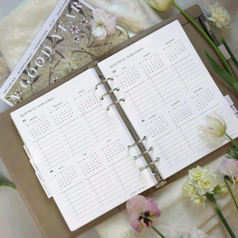 May include: Open planner with quarterly overview pages, featuring calendar layouts and lined sections. The planner is open to show the months of the year. A magazine with the text "A GOOD YEAR" is visible in the background. The planner is surrounded by flowers.