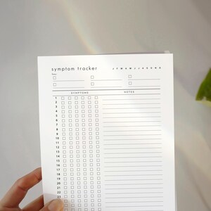 May include: A white symptom tracker sheet with the title "symptom tracker" at the top. The sheet has a key, a section for symptoms, and a notes section. The months of the year are listed across the top. The sheet is held by a hand.