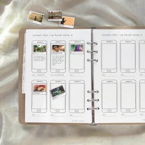 May include: A ring-bound planner with a beige cover featuring a page titled content that i've found value in. The page contains multiple smartphone-shaped outlines with small printed images and handwritten notes, plus loose photo stickers above.