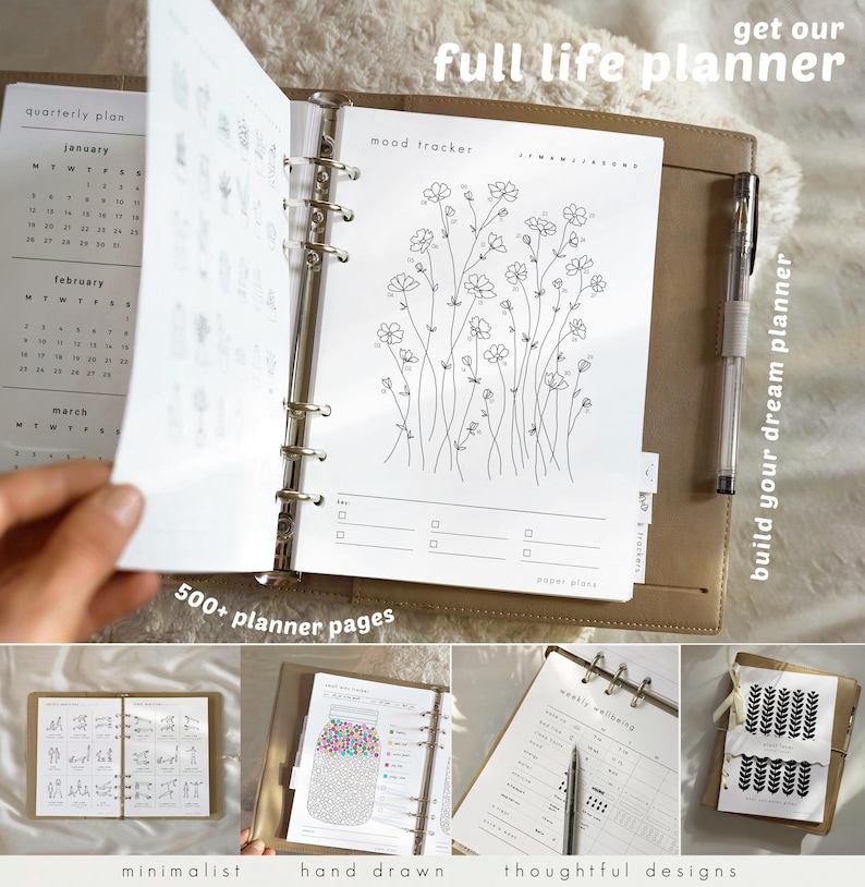 May include: A full life planner with a tan leather cover, open to a mood tracker page with floral illustrations. The planner includes a quarterly plan, 500+ pages, and the text "get our full life planner" and "build your dream planner".