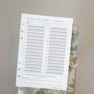 Op de afbeelding: Een wit papieren planner-inzetblad voor een 30-dagen hydratatie-uitdaging met zwarte tekst en bekerpictogrammen. De pagina bevat een raster voor het bijhouden van de dagelijkse waterinname, een citaat van Benjamin Franklin en een notitieruimte.