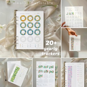 Årlig spårningspaket: 20+ kalendersidor, år i pixlar, nyårslöfte, vanerapportering, måljournal (utskrivbar PDF)