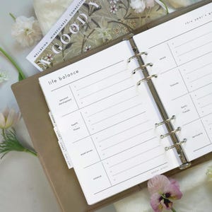 Op de afbeelding: Een open planner met gelijnde pagina's voor planning, met secties voor "life balance" en "this year's goals". Tabs lezen "weekly", "daily" en "self care goals". Een tijdschrift met het woord "GOOD" is zichtbaar. De planner is bruin.