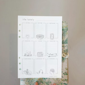May include: A white paper planner insert with the heading life lately and nine rectangular sections labeled loving, eating, watching, reading, doing, creating, nurturing, listening to, and thinking, each featuring a small black line drawing icon.