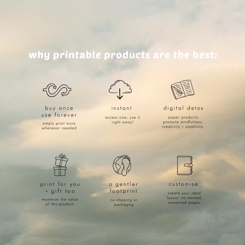 May include: An image with text that reads "why printable products are the best:" followed by six icons and text descriptions. The descriptions include "buy once use forever", "instant", "digital detox", "print for you", "a gentler footprint", and "customise".