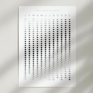 以下が含まれることがあります： 白紙に印刷されたミニマリスト2026年太陰暦。カレンダーは、月の各日の月相を月ごとに列に並べて表示します。デザインはシンプルで、白黒のグラフィックとテキストを使用しています。