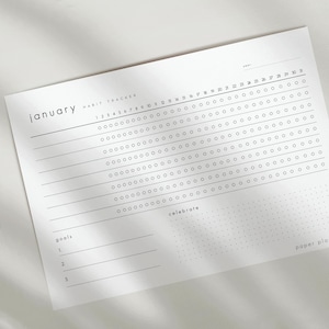 以下が含まれることがあります： 左上に「1月」と書かれた白い紙のプランナー。習慣トラッカーには、番号付きの日付と目標のためのスペースが含まれています。「Habit Tracker」と「Paper Plan」の文字も表示されています。