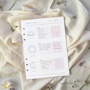 May include: A white paper planner insert titled ideal day routine with sections for morning, daytime, and evening habits. The page features black line icons of a sun and moon, handwritten habit lists, and pink checkbox grids for tracking weekly progress.
