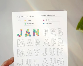May include: A white year tracker with the words "year tracker" and "alcohol consumption" printed at the top. The months of the year are listed, with a key indicating drink consumption levels. The first month, January, is in a colorful design.
