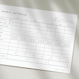 May include: A white paper planner with a grid layout for weekly wellbeing tracking. The planner includes sections for wake up time, sleep hours, mood, energy, water intake, and exercise. The text "weekly wellbeing" and "paper plans" are visible.