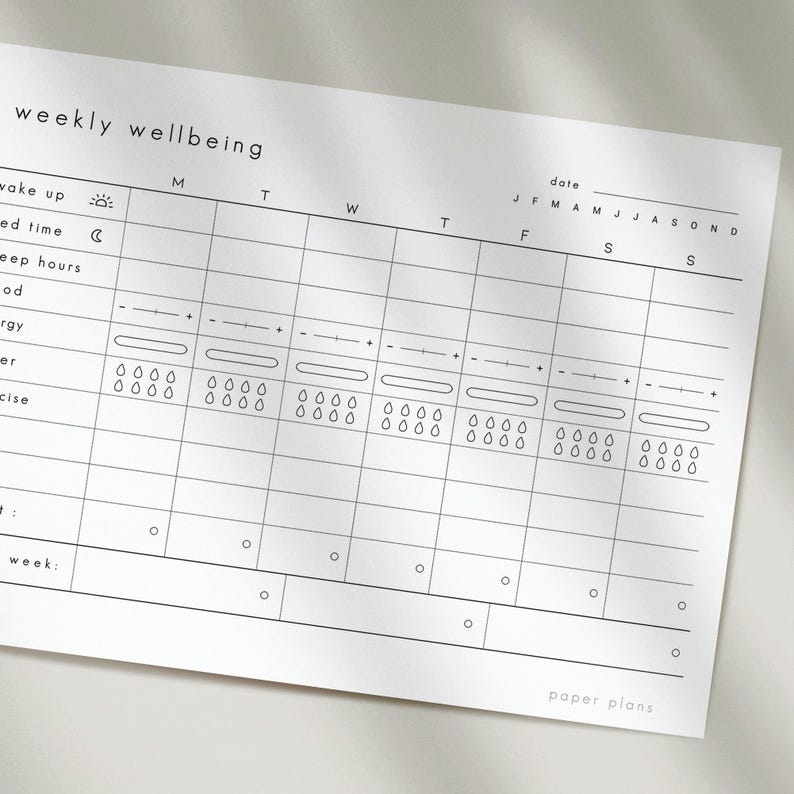 May include: A white paper planner with a grid layout for weekly wellbeing tracking. The planner includes sections for wake up time, sleep hours, mood, energy, water intake, and exercise. The text "weekly wellbeing" and "paper plans" are visible.