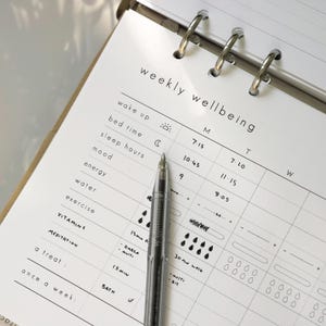 以下が含まれることがあります： ページに透明なペンが置かれた、週ごとのウェルビーイングプランナー。プランナーには、起床、就寝時間、睡眠時間、気分、エネルギー、水分、運動、ビタミン、瞑想、ご褒美のセクションが含まれています。