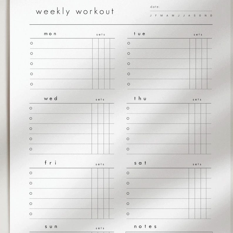 May include: A minimalist weekly workout planner with the text "weekly workout" at the top. The planner is divided into days of the week, with spaces for sets and notes. Each day has circles for tracking progress.