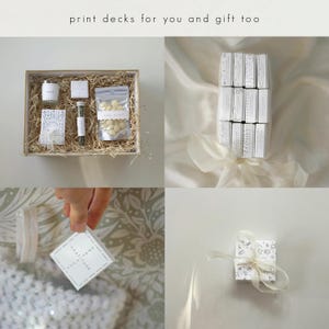 May include: A collage of gift sets featuring small white boxes, candles, and a glass vial. One set is in a wooden box with straw, another is wrapped with a ribbon. The text "print decks for you and gift too" is at the top.