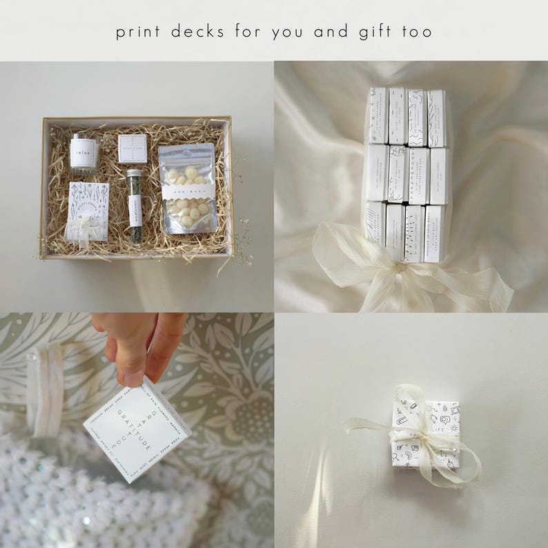 May include: A collage of gift sets featuring small white boxes, candles, and a glass vial. One set is in a wooden box with straw, another is wrapped with a ribbon. The text "print decks for you and gift too" is at the top.