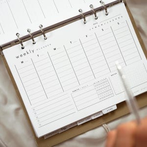 May include: A ring-bound weekly planner insert with white paper and black ink. The layout features columns for days of the week labeled M, T, W, T, F, S, S, a section for habits and goals with checkboxes, a notes area, and a list with checkboxes.