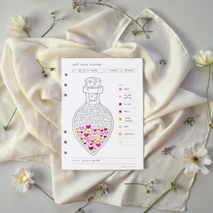 May include: A white self-care tracker with a bottle illustration filled with heart shapes in pink, yellow, and purple. The tracker includes a key for activities like baths, and meditation. The text "self care tracker" is at the top.