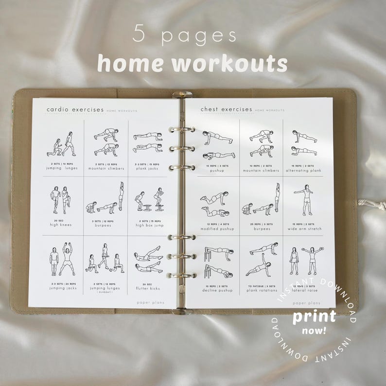 May include: A tan binder open to two pages of home workout exercises. The pages feature black line drawings demonstrating various exercises, including jumping jacks, pushups, and burpees. The text "5 pages home workouts" is at the top.