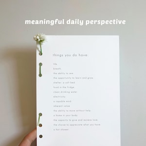 May include: A white rectangular paper sheet with punched holes along the left edge, featuring the text "meaningful daily perspective" at the top and a list titled "things you do have:" detailing various life aspects, accented by a small white flower.