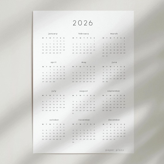 Year At-a-Glance: 2026 Calendar, Minimalist Printable (PDF, Download)