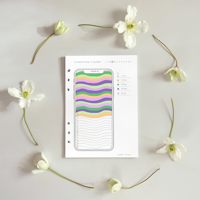 May include: A white screen time tracker with a phone graphic, featuring colorful horizontal bars and a time scale. The tracker is surrounded by white flowers with green stems, arranged on a white surface. The text "screen time tracker" is visible.