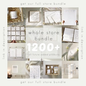 Pu&ograve; includere: Un collage di vari articoli di cancelleria e decorazioni per la casa, tra cui un'opera d'arte incorniciata con un sole, quaderni, candele e un diario. Il testo "whole store bundle 1200+" &egrave; visualizzato al centro, con "get our full store bundle".