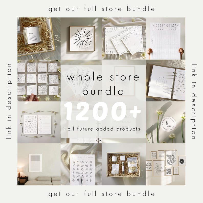 Pu&ograve; includere: Un collage di vari articoli di cancelleria e decorazioni per la casa, tra cui un'opera d'arte incorniciata con un sole, quaderni, candele e un diario. Il testo "whole store bundle 1200+" &egrave; visualizzato al centro, con "get our full store bundle".