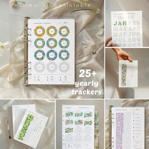 May include: A collection of printable 2027 yearly trackers including a weather tracker with circular monthly charts, a reading tracker with dot grids, a mental health tracker with color-coded squares, and a calendar page for tracking daily habits.