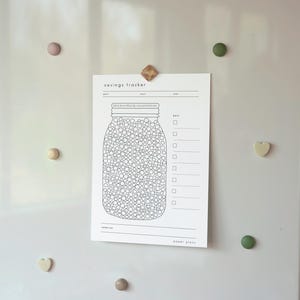 May include: A white savings tracker sheet with a jar illustration, held by magnets on a white surface. The jar is filled with circles, and the sheet has sections for goals and a key. The text "savings tracker" and "paper plans" are visible.