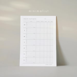 May include: A white paper planner with the words "macro nutrients" at the top. The planner has columns for meal, calories, protein, carbs, fats, and fiber. The word "minimalist" is at the top, and "paper plans" is at the bottom.