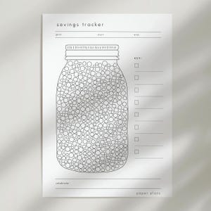 May include: A white savings tracker sheet with a jar graphic filled with circles. The text "savings tracker" is at the top, with lines for goal, start, and end. A key and celebrate section are also included.
