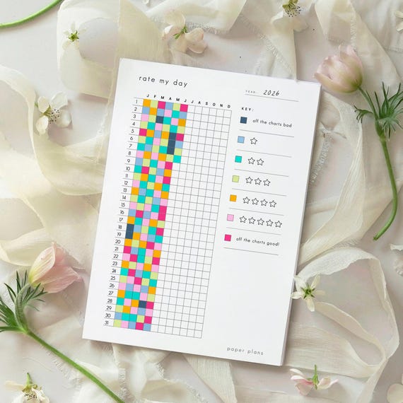 Rate My Day: PRINTABLE Journal Page - Minimalist - Printable Planner Page - Daily Rating Tracker  - Year In Pixels ( A5, Letter size 8x11 )