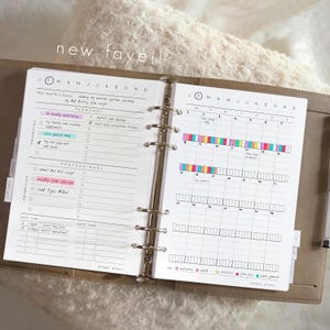 Puede incluir: Una agenda de anillas de cuero color canela abierta en una vista mensual con notas manuscritas, listas de tareas y un rastreador de hábitos codificado por colores. Las páginas incluyen secciones para prioridades personales y profesionales, con el texto new fave!! visible en la parte superior.