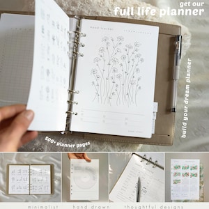 May include: A full life planner with a floral mood tracker page. The planner is open, revealing a pen and several pages with minimalist designs. The text "get our full life planner" and "build your dream planner" are visible.