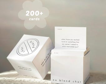 May include: A white square box and a deck of cards labeled no bland chat. The box features a circular logo with the text chat bland and a question about experience. The cards display questions like when have you worked hard on something.