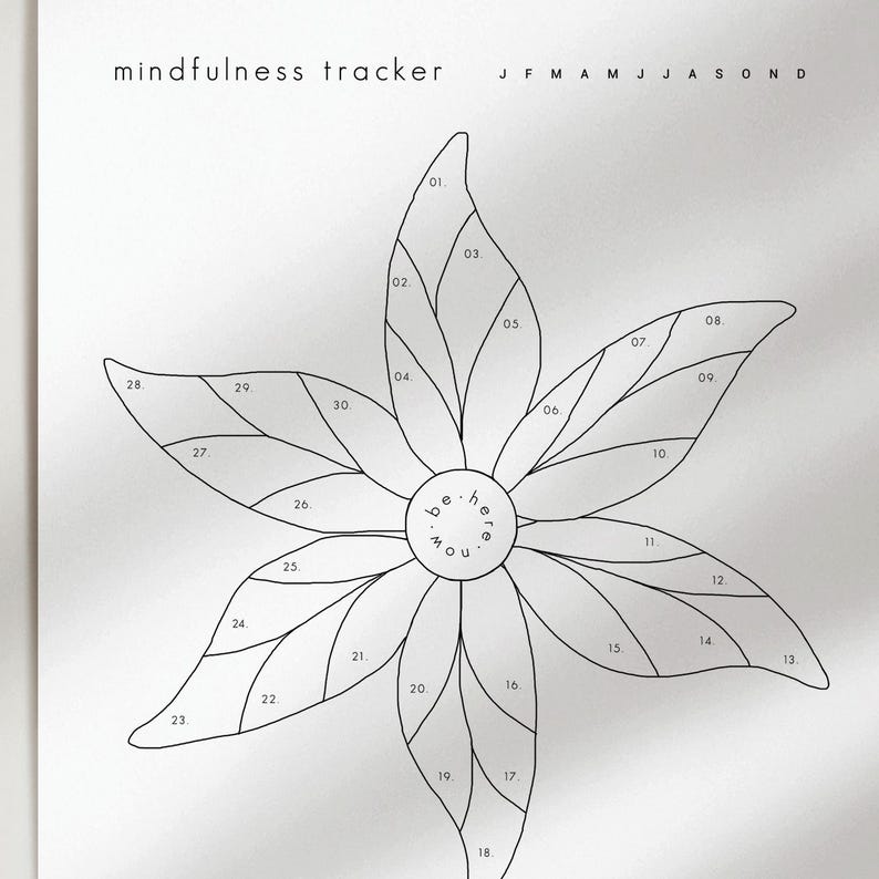 Puede incluir: Un rastreador de atenci&oacute;n plena en blanco y negro con forma de flor. El rastreador tiene 30 secciones numeradas, con las palabras "be here now" en el centro. El texto "mindfulness tracker" y los meses del a&ntilde;o est&aacute;n en la parte superior.