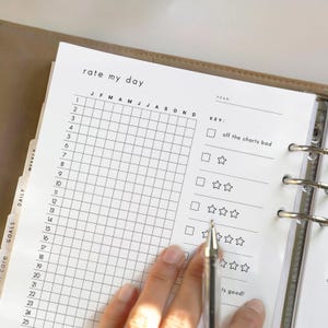 K&ouml;nnte beinhalten: Ein Planereinsatz mit dem Text "rate my day" oben. Der Einsatz verf&uuml;gt &uuml;ber ein Raster f&uuml;r t&auml;gliche Bewertungen, mit einem Schl&uuml;ssel f&uuml;r verschiedene Bewertungsstufen. Eine Hand h&auml;lt einen Stift &uuml;ber dem Raster, bereit, es auszuf&uuml;llen.