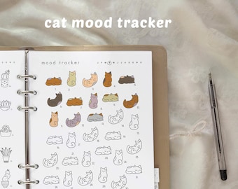May include: A printable A5 and letter-size cat mood tracker. The page features a grid of cat illustrations, each representing a day of the month. The tracker includes a key with color-coded mood indicators and the text "cat mood tracker". A pen rests on the right.