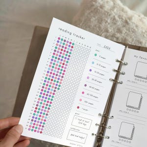 May include: A reading tracker planner page with a colorful dot grid for tracking pages read. The planner includes a key for page ranges, a space for the year 2026, and sections for goals and favorite books. The planner is held open by a hand.