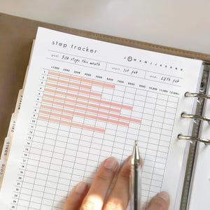 Könnte beinhalten: Ein weißes Schrittzählerblatt mit dem Text "step tracker" und "Ziel: 50k Schritte diesen Monat". Das Blatt hat ein Raster zur Verfolgung der Schritte, mit rosa Balken, die den Fortschritt anzeigen. Ein Stift liegt auf dem Blatt.