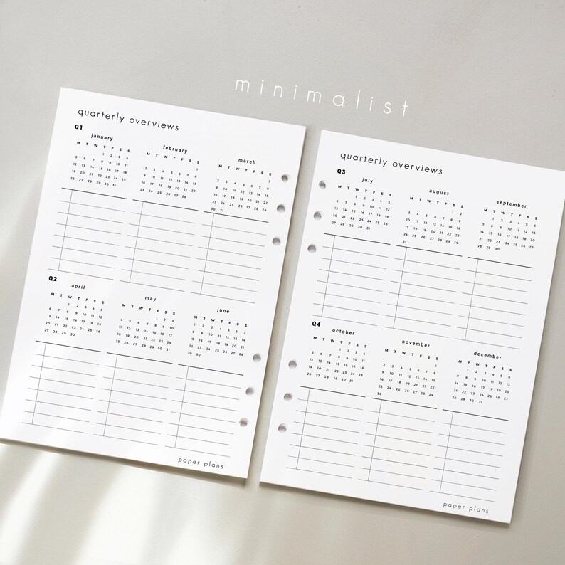 May include: Two white planner pages with quarterly overviews, featuring calendars for each month and lined sections for notes. The text "minimalist" is at the top, and "paper plans" is at the bottom. The pages are hole-punched for binder use.