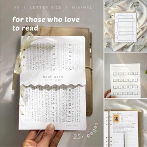 Op de afbeelding: A5 planner inserts met de tekst "for those who love to read". De inserts bevatten gelinieerde pagina's, een boekuitdagingstracker en een boekrecensiepagina. De belangrijkste insert bevat de woorden "book worm" en "literature".