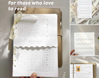 May include: A5 planner inserts with the text "for those who love to read". The inserts include lined pages, a book challenge tracker, and a book review page. The main insert has the words "book worm" and "literature".