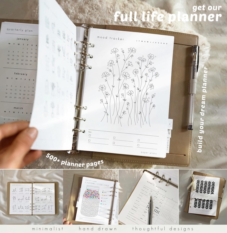 May include: A tan leather-bound planner with a silver ring binder. The planner is open to a mood tracker page with a floral illustration. The text "get our full life planner" and "build your dream planner" are visible.