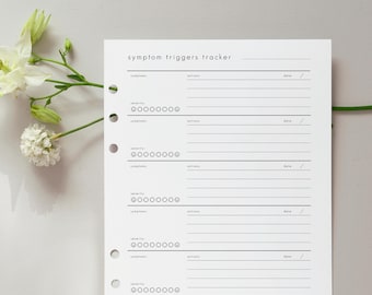 May include: A white symptom triggers tracker sheet with a minimalist design. The sheet includes sections for symptoms, actions, and dates, with a severity scale. The text "symptom triggers tracker" is at the top. A sprig of white flowers is in the upper left corner.