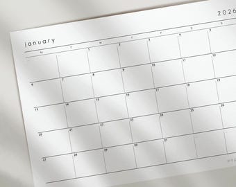 Agenda mensile minimalista 2026: orizzontale, minimalista, datata (PDF, A4, A5, formato lettera)